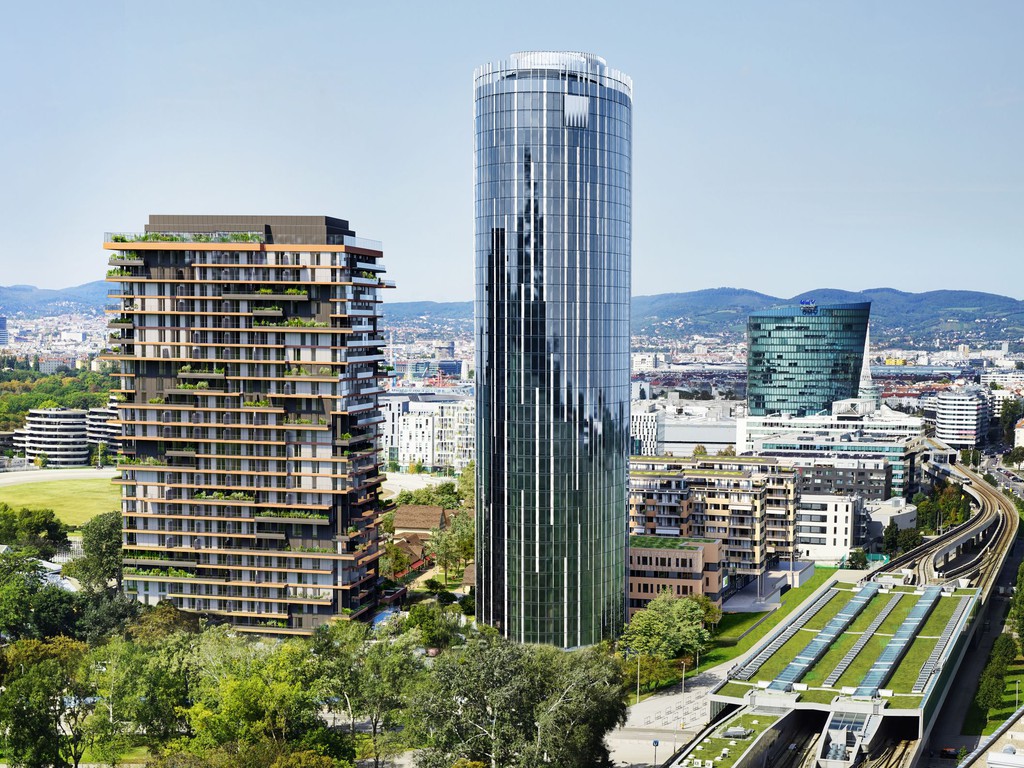Der Gewerbeturm Weitblick neben dem im Bau befindlichen Wohnturm Grünblick. © OLN