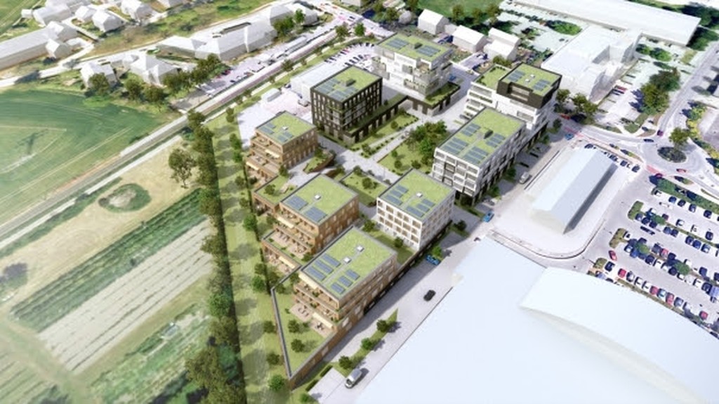 Das Gewerbegebiet Erding Süd beherbergt bisher hauptsächlich Fachmärkte. Künftig sollen in einer Mischnutzung Einzelhandel, Büros und Wohnungen entstehen.jpg © YES Architecture 