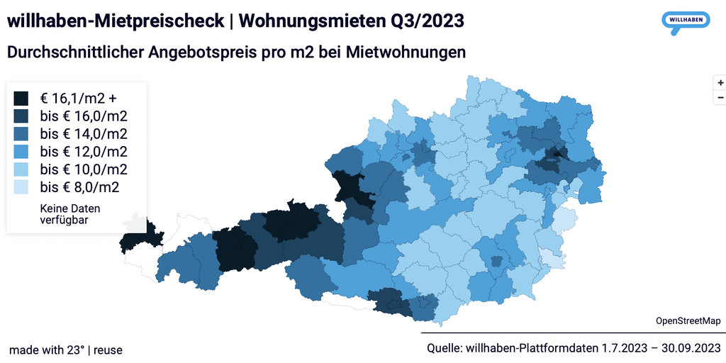 Auf der interaktiven Karte kann man sich die Angebotspreise im Q3 2023 für die Regionen anschauen.  © willhaben