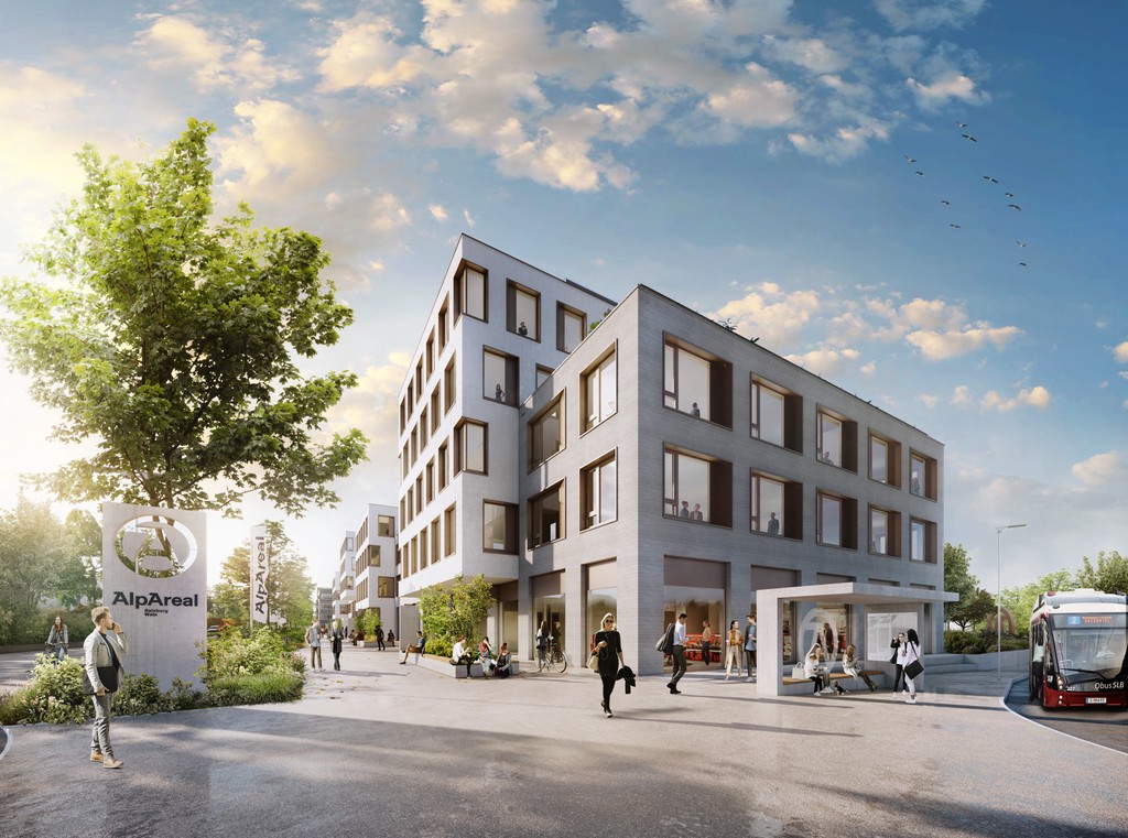 Auf einem insgesamt 2,7 Hektar großen Areal in der Gemeinde Wals-Siezenheim wird in mehreren Phasen ein moderner Business-Park errichtet. © AlpAreal , ZechnerGrabher – Flenreisz visual studio