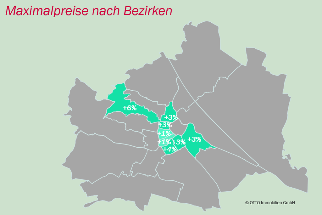 Maximalpreise nach Bezirken, Zinhausmarktbericht 2024 © Otto Immobilien